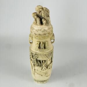 Vintage Ornate Chinese Hand Carved Composite Resin Decorative Vase with Lid